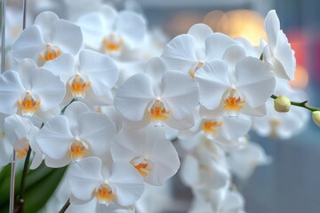 White Orchids in Soft Natural Light Delicate Petals and Vibrant Yellow Centers Macro Photography