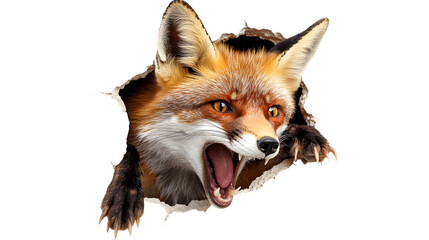 A ferocious fox sticking its head and front claws out of the hole in the wall