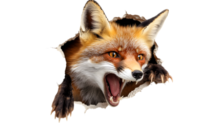 A ferocious fox sticking its head and front claws out of the hole in the wall