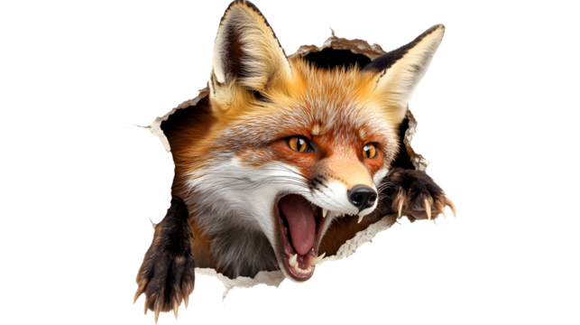 A ferocious fox sticking its head and front claws out of the hole in the wall