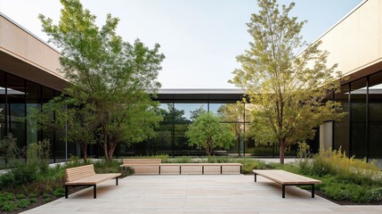 Modern office courtyard design features trees, benches. Green space offers relaxation, socializing in urban environment. Business building provides comfortable seating area. Modern architecture,