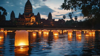 Fototapeta premium Angkor Wat with glowing lanterns floating in the water during a serene evening event