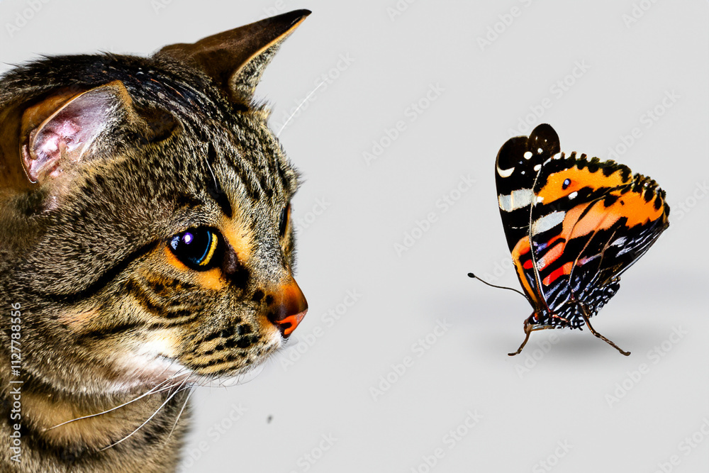 Wall mural Cat looking at butterfly. Cat with white background and butterfly. Cat sitting on white background with a butterfly. A cat sits on a white colored background with a lifestyle butterfly.