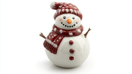 Charming snowman figurine, wearing a red knit hat and scarf, perfect for festive decor.