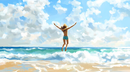 Joyful person jumping on beach, ocean waves in background, sunny day. Ebullience. Illustration