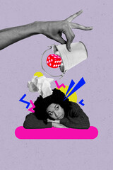 Vertical creative art collage of sad american girl bullying hand pour dice crumpled paper poker...