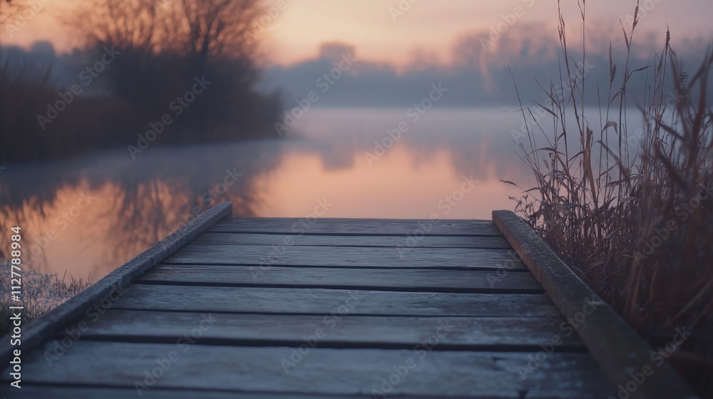 Wall mural A serene wooden dock extending over a misty lake at sunrise, surrounded by tall grass.