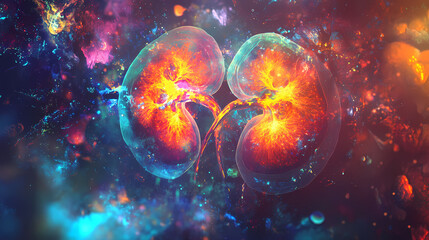 Nephritic ebullience: bright, shimmering kidneys glowing with fluid retention, conveying a sense of excitement and vitality. Ebullience. Illustration