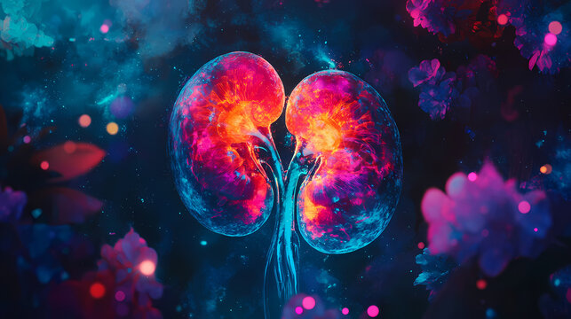 Nephritic ebullience: bright, shimmering kidneys glowing with fluid retention, conveying a sense of excitement and vitality. Ebullience. Illustration