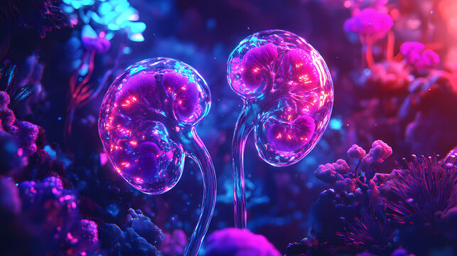 Nephritic ebullience: bright, shimmering kidneys glowing with fluid retention, conveying a sense of excitement and vitality. Ebullience. Illustration
