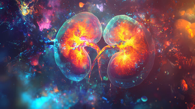 Nephritic ebullience: bright, shimmering kidneys glowing with fluid retention, conveying a sense of excitement and vitality. Ebullience. Illustration