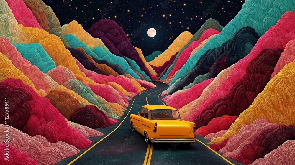 Poster Colorful abstract landscape with retro car driving on winding road through mountains. Vibrant colors, surreal textures create psychedelic, dynamic feel. Mountains abstract, layered with various