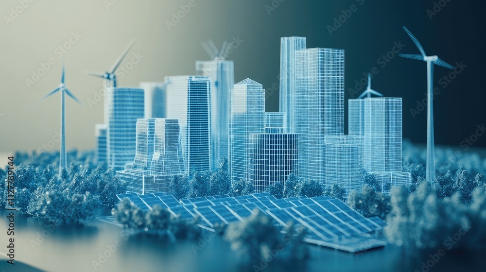 Poster a 3d wireframe structure of a city with renewable energy sources, solar panels, and wind turbines, e