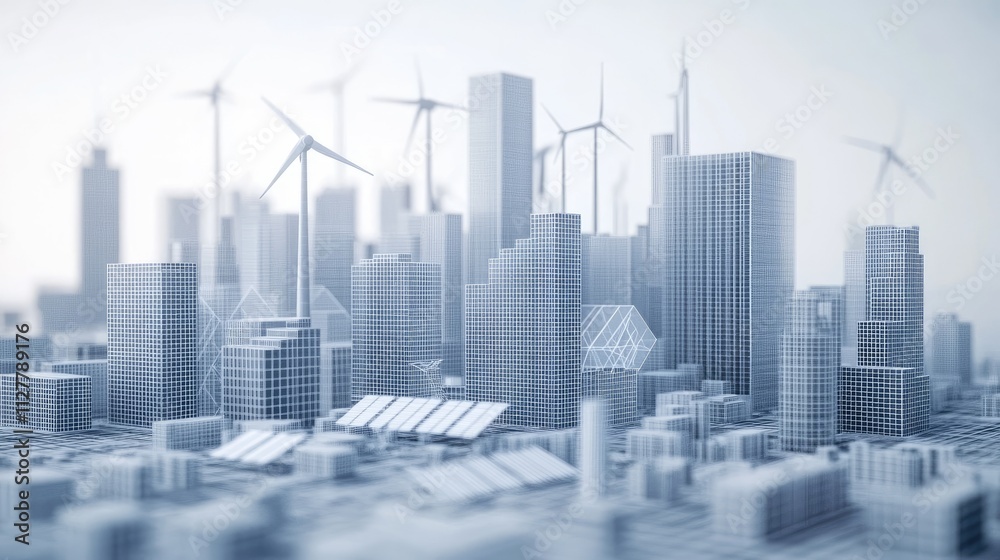 Poster a 3d wireframe structure of a city with renewable energy sources, solar panels, and wind turbines, e