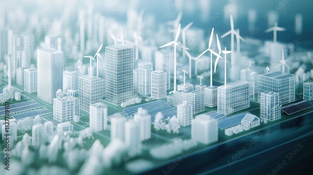 Poster a 3d wireframe structure of a city with renewable energy sources, solar panels, and wind turbines, e