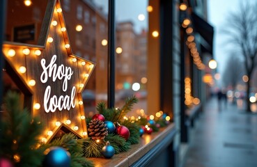 Shop window decorated with Christmas lights, ornaments. Sign says Shop Local. Cozy ambiance. Christmas decorations create festive atmosphere in city store. Warm lights. Festive display. Support local