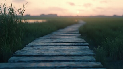Obraz premium A serene wooden pathway leading through tall grass at sunset, reflecting calmness and nature.