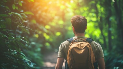 A young man with a backpack walking through a lush green forest trail.