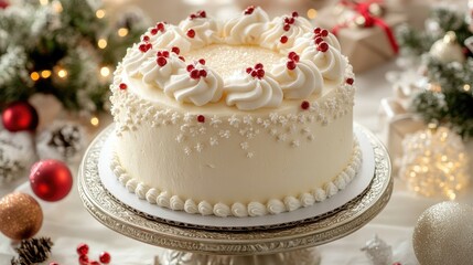 Naklejka premium A Christmas cake displayed on an elegant platter, surrounded by festive decorations, ready to be featured in a blog, flyer, or holiday advertisement.
