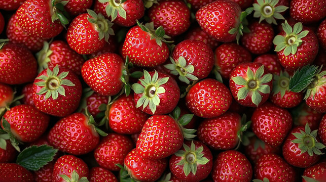 Close-up view of juicy strawberries. Fresh red berries with green leaves. Healthy fruit. Perfect for summer dessert. Organic food. Natural texture. Ripe, sweet strawberries. Delicious. Abundant crop.