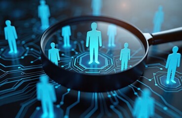 Manager examines staff data. Magnifying glass focuses on manager icon in tech environment. Diverse team members shown on digital circuit board. Recruitment, leadership concept. HR tech trends, future
