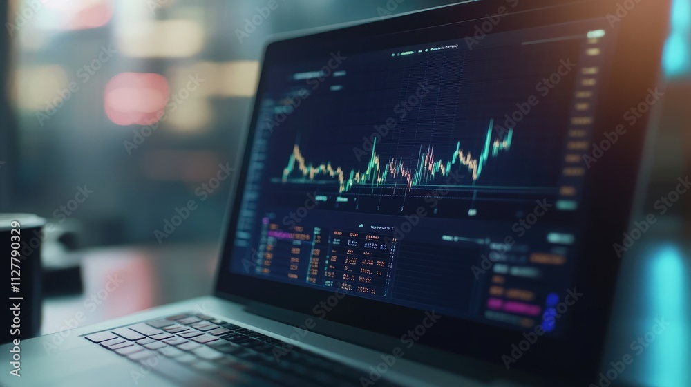 Poster a close-up of a laptop showing cryptocurrency graphs and bitcoin coins, symbolizing the world of dig