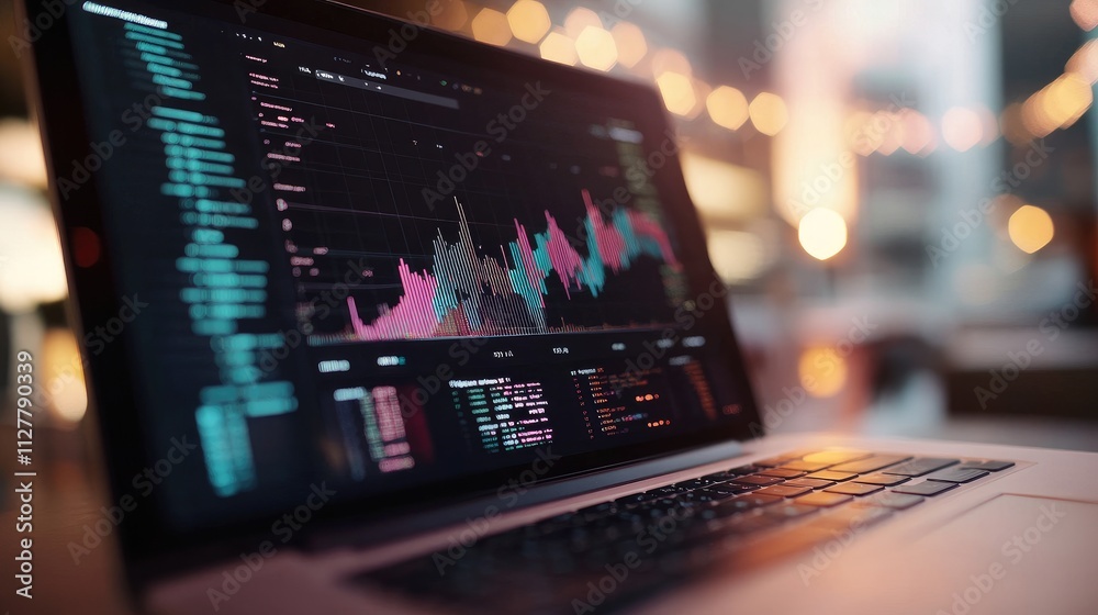 Poster a close-up of a laptop showing cryptocurrency graphs and bitcoin coins, symbolizing the world of dig