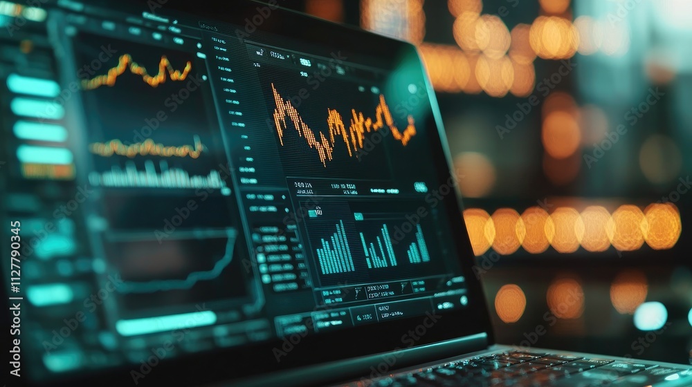 Aufkleber a close-up of a laptop showing cryptocurrency graphs and bitcoin coins, symbolizing the world of dig