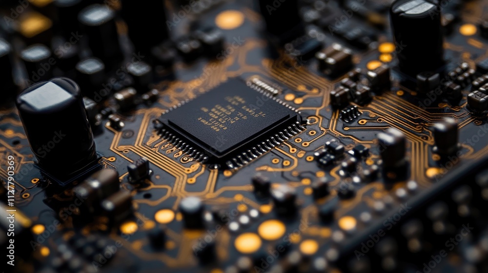 Poster A close-up of a semiconductor microchip with intricate circuits and technology details, showcasing advancements in electronics and computer engineering.