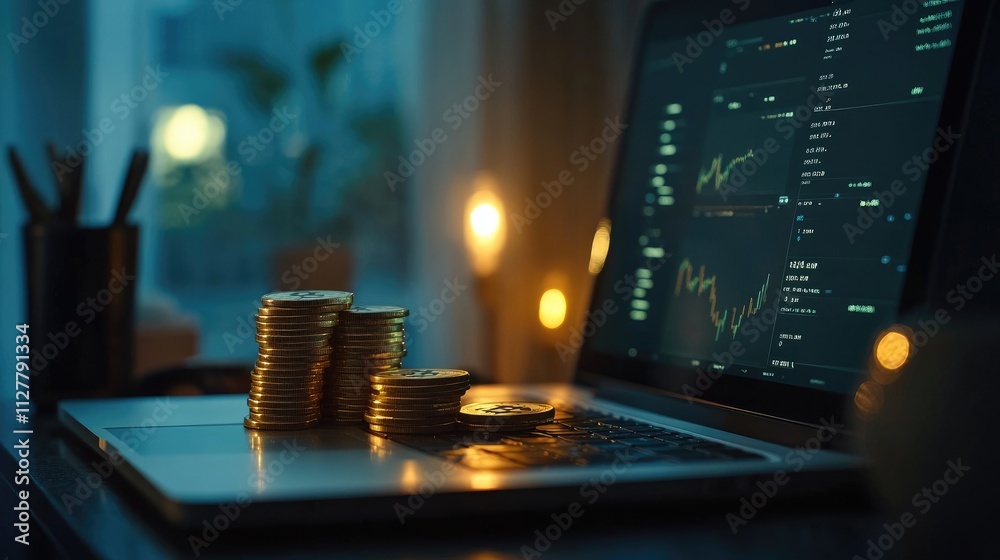 Poster a cryptocurrency trading interface on a laptop with bitcoin coins stacked in front, symbolizing inve