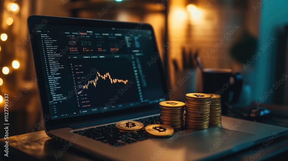 Aufkleber a cryptocurrency trading interface on a laptop with bitcoin coins stacked in front, symbolizing inve
