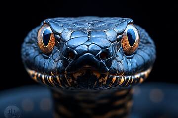 Fototapeta premium Close-Up Portrait of a Striking Black Snake with Intense Gaze: A Macro Photography Masterpiece