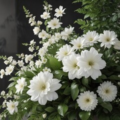 Floral arrangement with white blooms and lush foliage, foliage pattern, handcrafted, nature-inspired, whimsical
