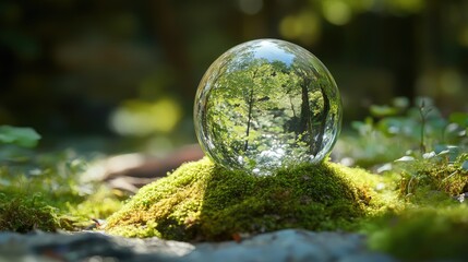 A crystal globe surrounded by vibrant green moss, set in a peaceful forest to represent environmental sustainability and Earth Day eco-friendly concepts.