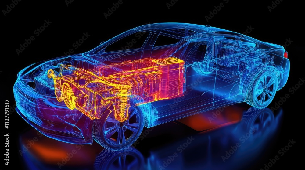 Poster a detailed cae simulation of an electric vehicle's battery system, focusing on heat management and c
