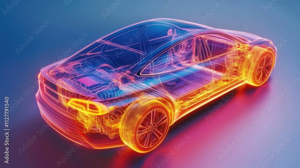Poster a detailed cae simulation of an electric vehicle's battery system, focusing on heat management and c