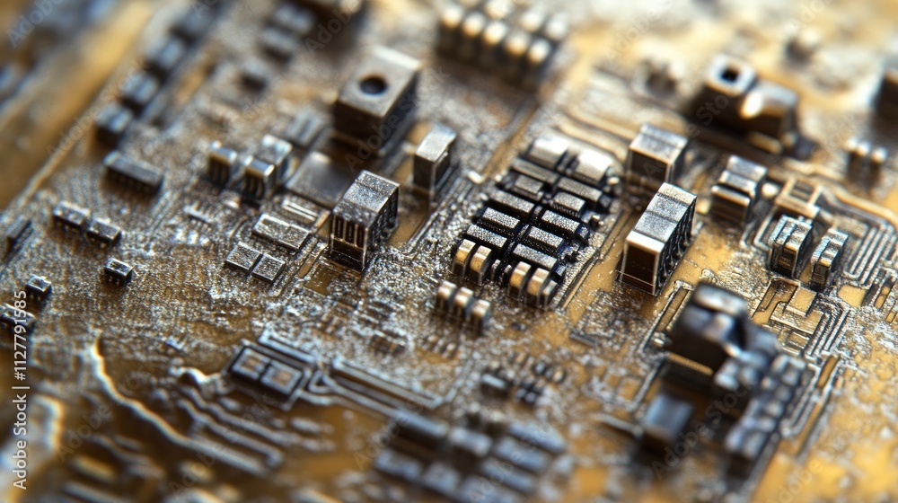 Poster A detailed close-up of a microchip, showing its intricate design and electrical components, representing advancements in the semiconductor industry.