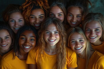 Happy diverse young people in yellow shirts forming a supportive community circle on college campus fostering friendship teamwork and empowerment