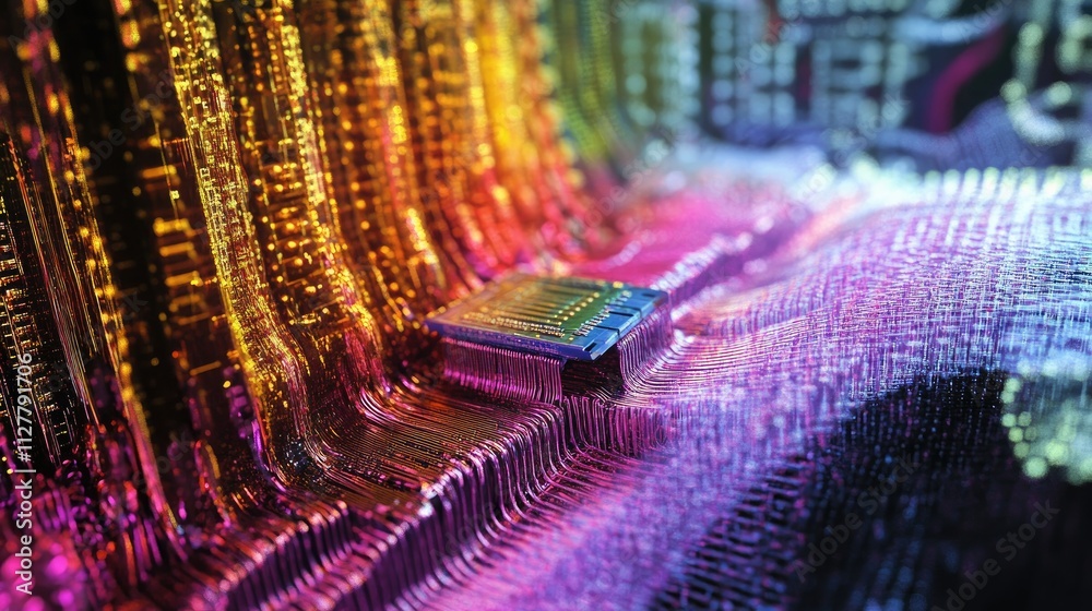 Poster a detailed image of a semiconductor chip and microcircuits, symbolizing advancements in technology, 