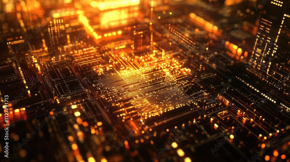 Poster a detailed image of a semiconductor chip and microcircuits, symbolizing advancements in technology, 