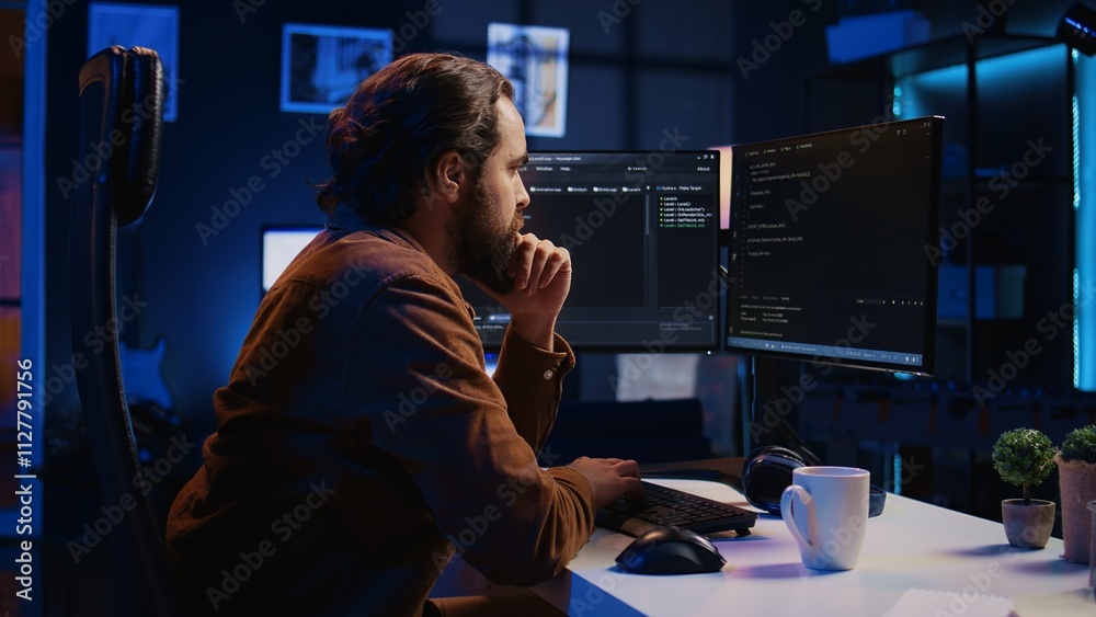 Poster programmer doing web development during remote job shift in neon lit home office, finishing coding p