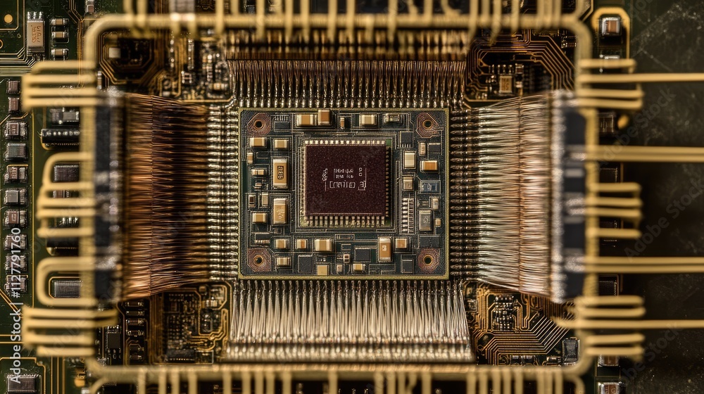 Aufkleber A detailed image of a semiconductor microchip, emphasizing the complexity and technological advancements driving the electronic and computing industries.