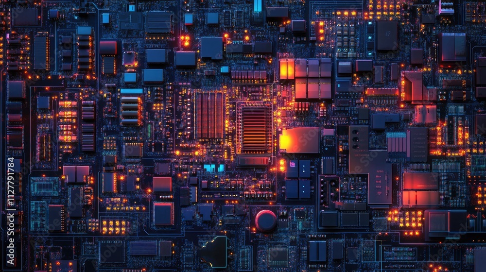 Poster A detailed image of a semiconductor microchip, emphasizing the complexity and technological advancements driving the electronic and computing industries.