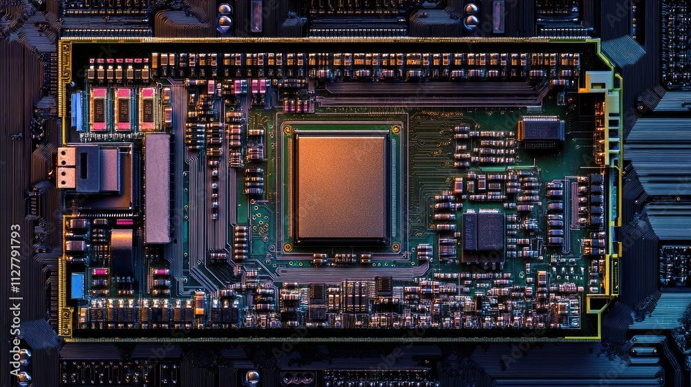 Poster A detailed image of a semiconductor microchip, emphasizing the complexity and technological advancements driving the electronic and computing industries.