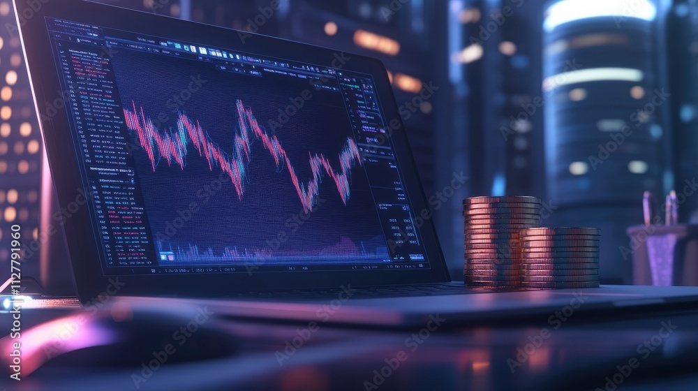 Poster a detailed shot of a laptop displaying cryptocurrency charts with a stack of bitcoin coins beside it