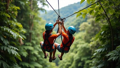 Two people zip-lining through rich rainforest canopy. Adventure eco-tourism experience. Family bonding. Costa Rica. Thrilling moment. Nature travel. Outdoor fun. Exciting vacation. Safe equipment.