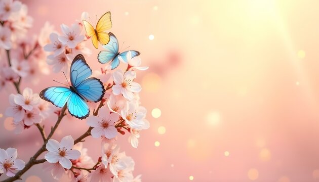 Fondo rosa claro de primavera con mariposas coloridas