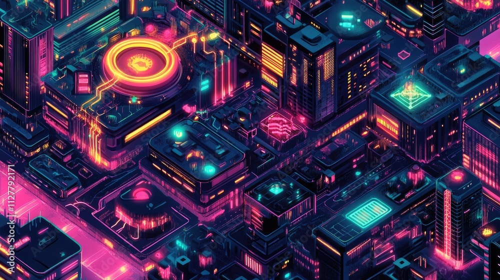 Poster a digital cityscape at night, bathed in neon lights and interconnected with circuitry, depicting a v