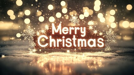 Merry Christmas Greeting with Sparkling Snowflakes and Lights