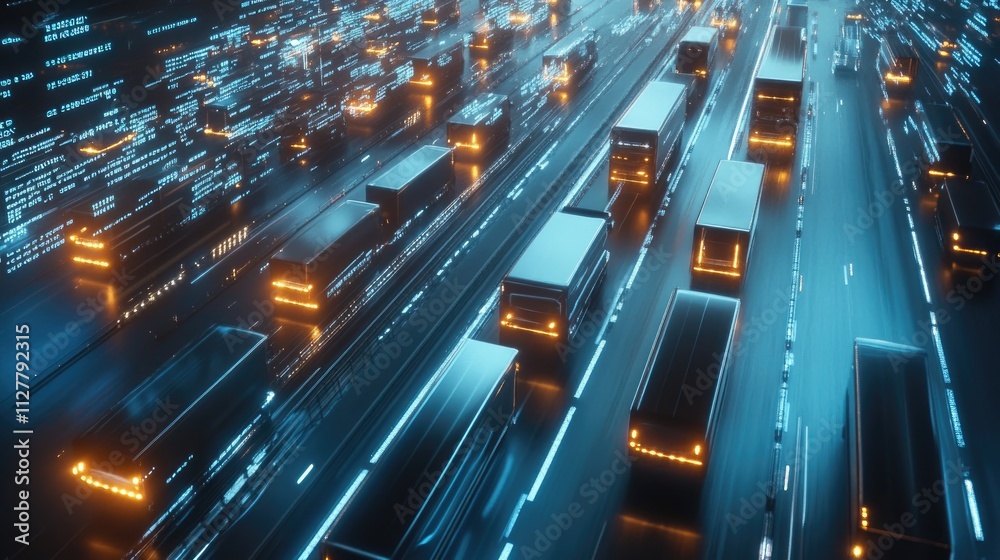 Poster A digital network showing connected trucks with a fleet management system, highlighting real-time communication and efficient logistics management.